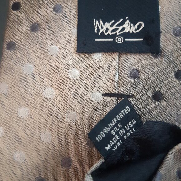 Y2K Vintage Massimo Silk Tie Taupe with Grey & White Diagonal Polka Dots - Picture 6 of 8